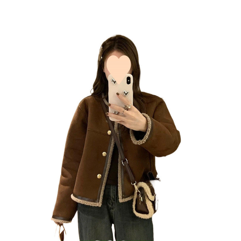Cashmere Suede Fur Integrated Maillard Long-sleeved Coat For Women
