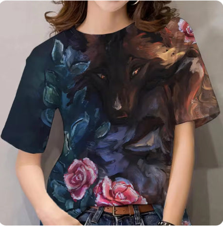 Women's T-shirt 3d Animal Print Short Sleeve Wolf Top