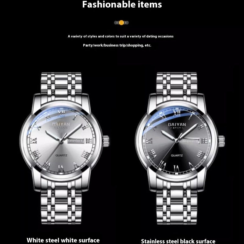 Stainless Steel With Double Calendar Quartz Watch Waterproof Luminous