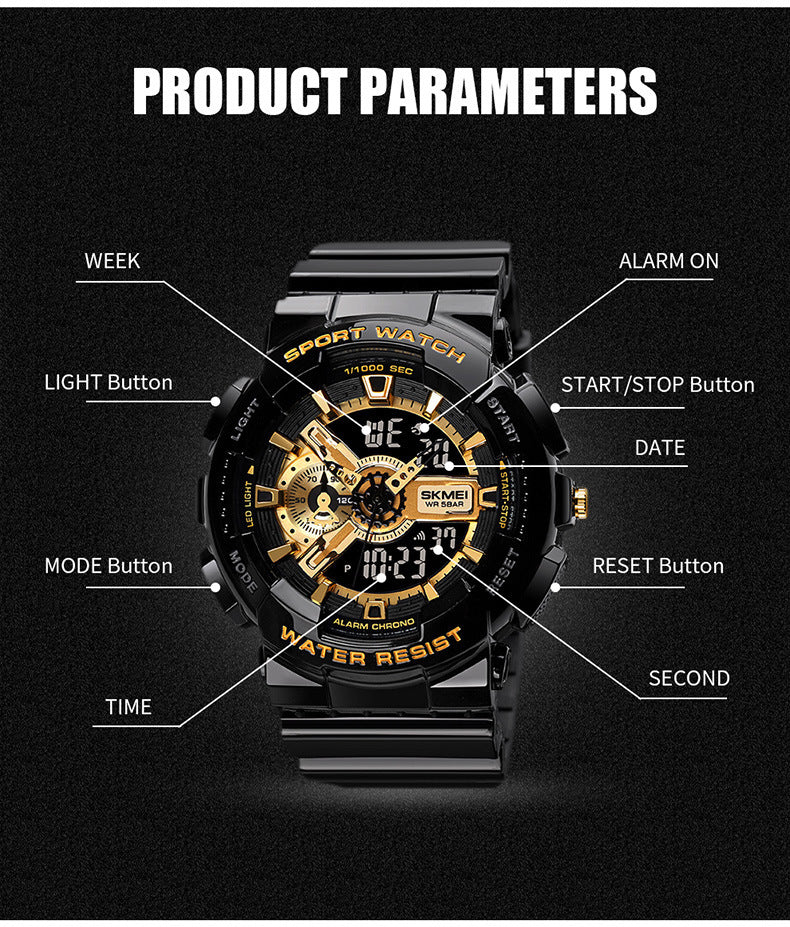 Classic Black Gold Sports Fashion Double Display Student Electronic Watch Teenagers Boys And Girls Watch