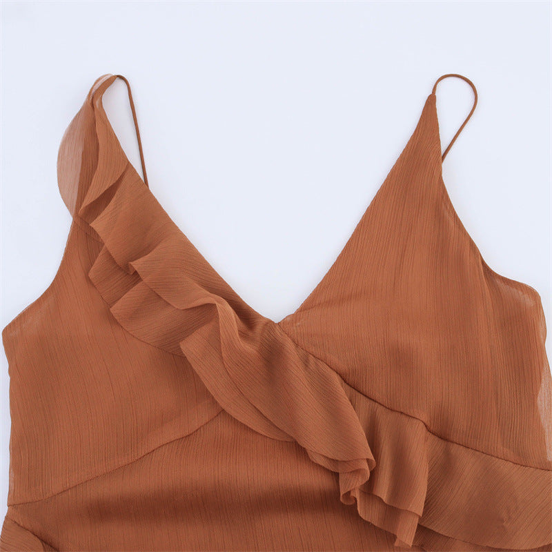 European And American Style Women's Asymmetric Laminated Decoration Sling Dress