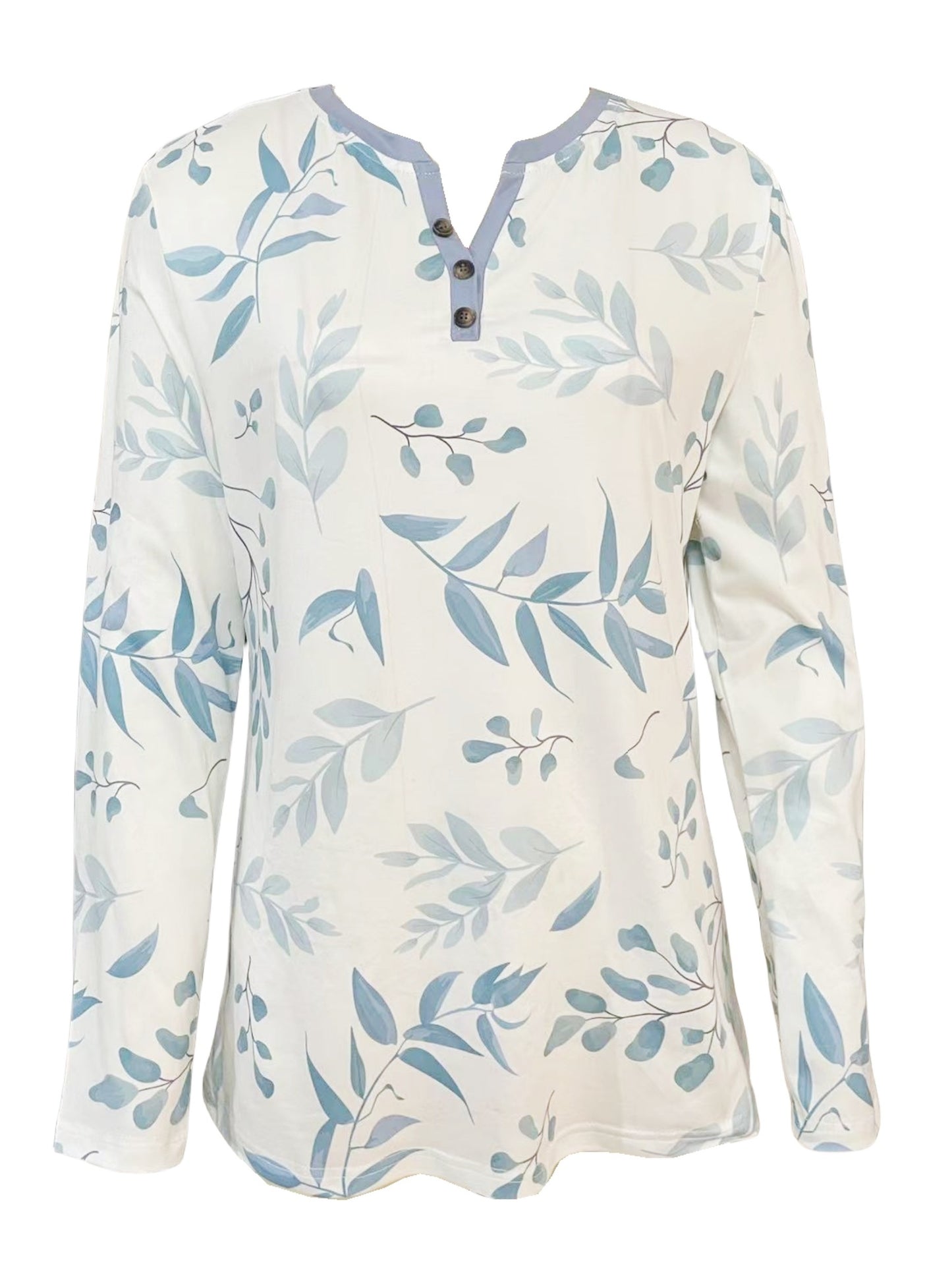 Spring And Autumn New Style Buttoned Leaf Printed Casual Long Sleeve T-Shirt