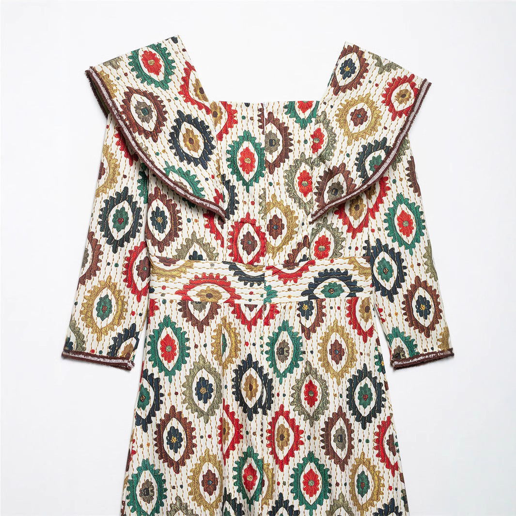 Ethnic Style Elegance Retro Flying Sleeves Printed Dress