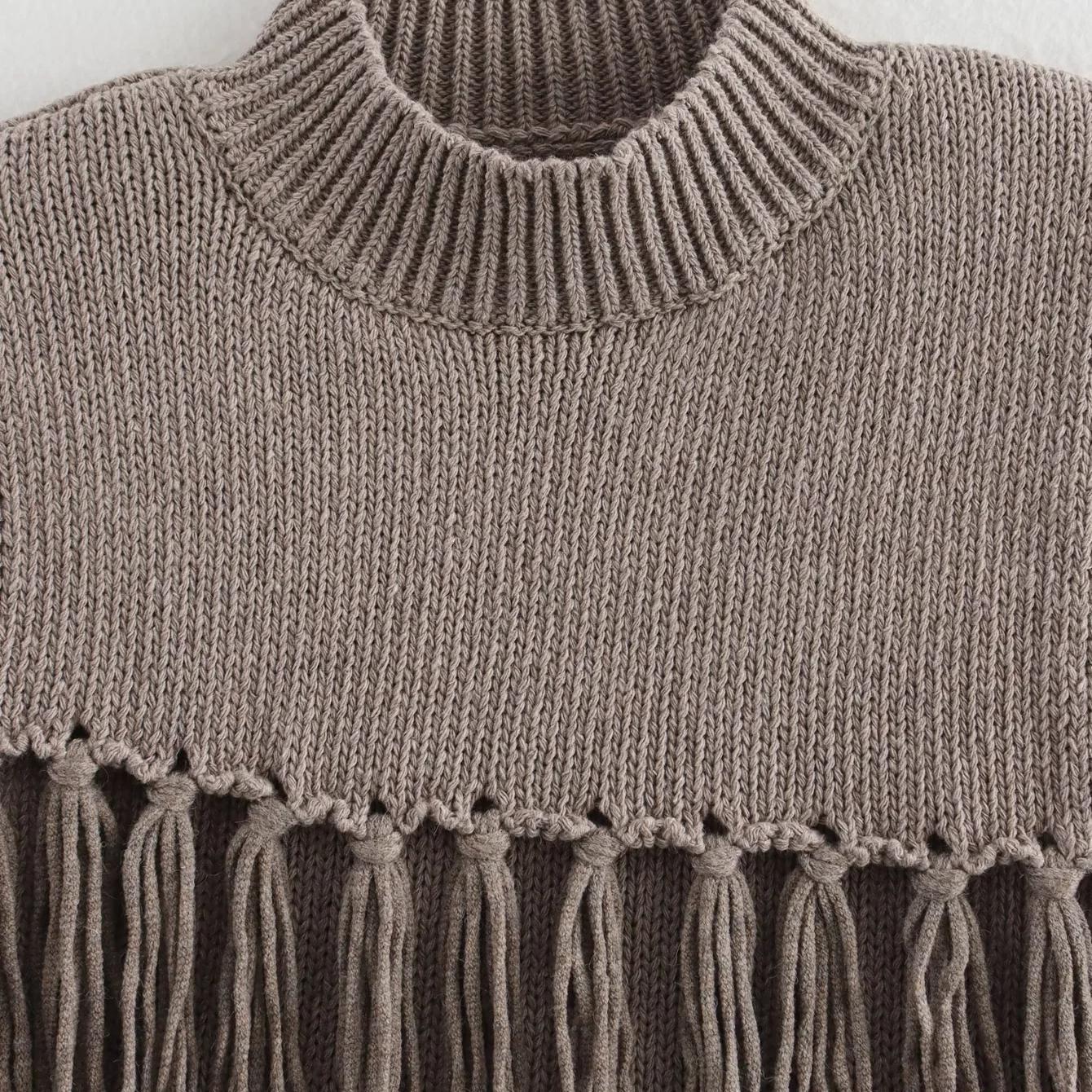 European And American Leisure Stand Collar Sleeveless Short Decorated Tassel Knitted Top