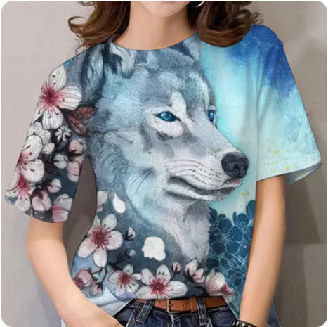 Women's T-shirt 3d Animal Print Short Sleeve Wolf Top