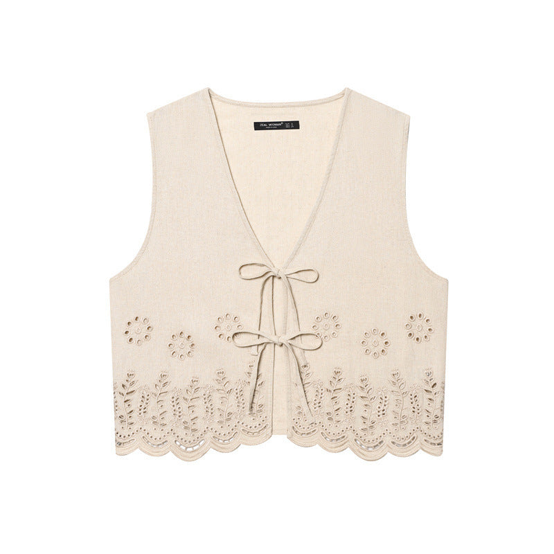 Women's All-matching Hollow Embroidered V-neck Lace-up Sleeveless Waistcoat Vest