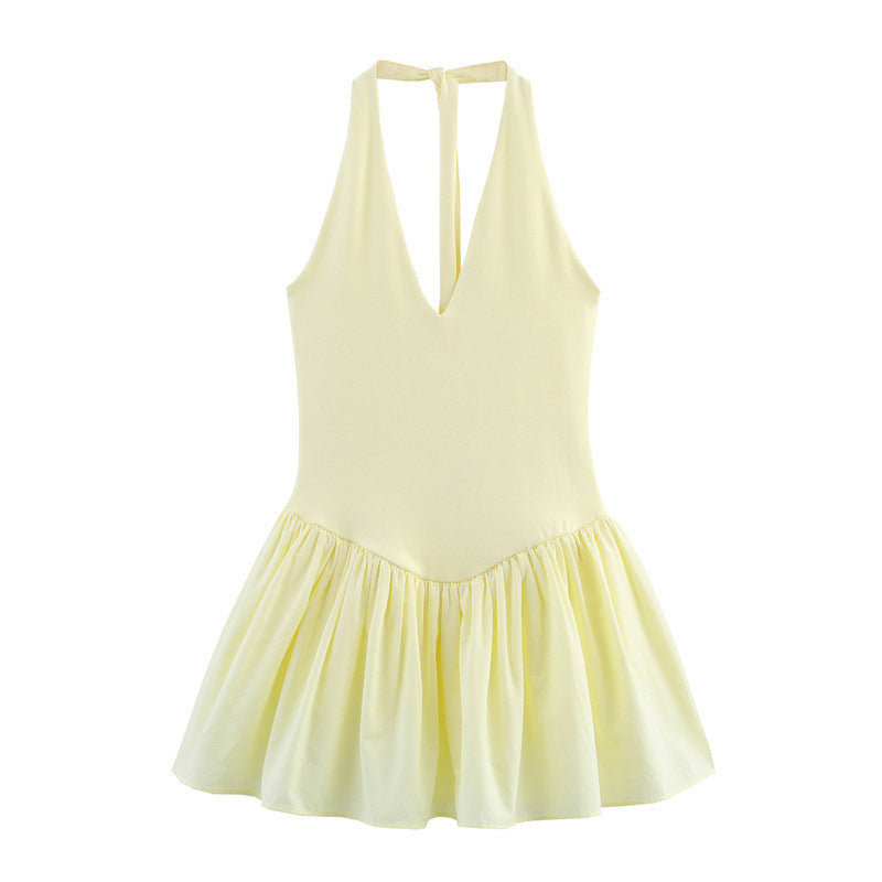 European And American Style Solid Color Sexy Slimming Waist Hanging Collar Stitching Dress
