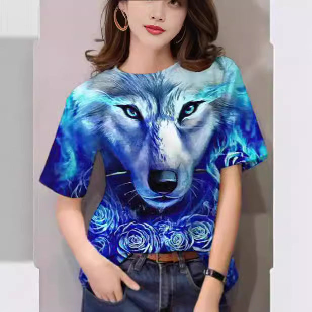 Women's T-shirt 3d Animal Print Short Sleeve Wolf Top