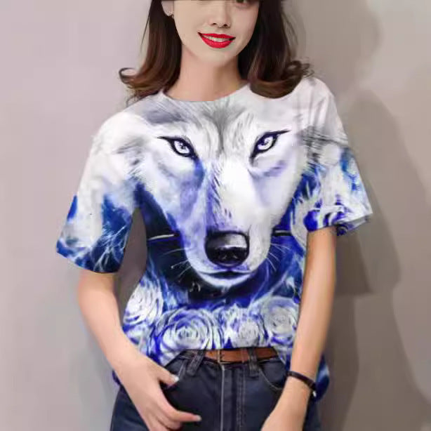 Women's T-shirt 3d Animal Print Short Sleeve Wolf Top