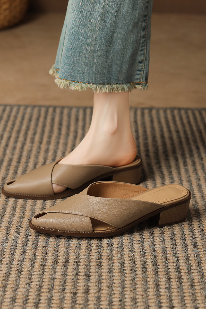 Chunky Heel Mid Heel Hollow-out High-grade Sense Closed-toe Slippers