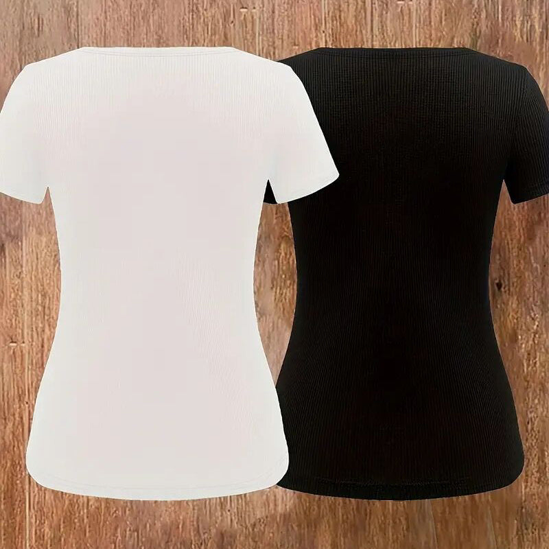 2 Pack Women's Zipper V Neck Short Sleeve Tunic Tops Loose Fit Summer T Shirts Blouse