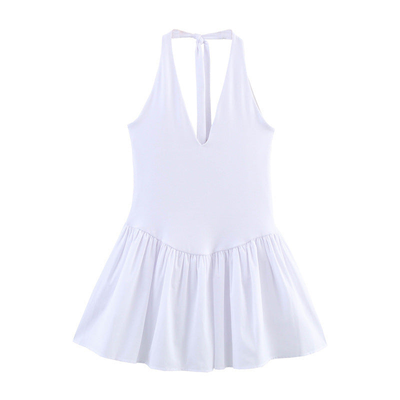 European And American Style Solid Color Sexy Slimming Waist Hanging Collar Stitching Dress