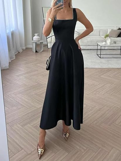 Women's Square Collar Low Collar Sleeveless Long Dress