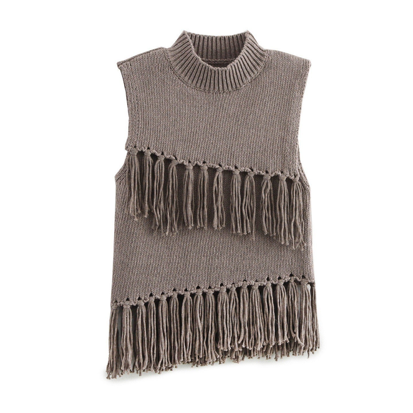 European And American Leisure Stand Collar Sleeveless Short Decorated Tassel Knitted Top