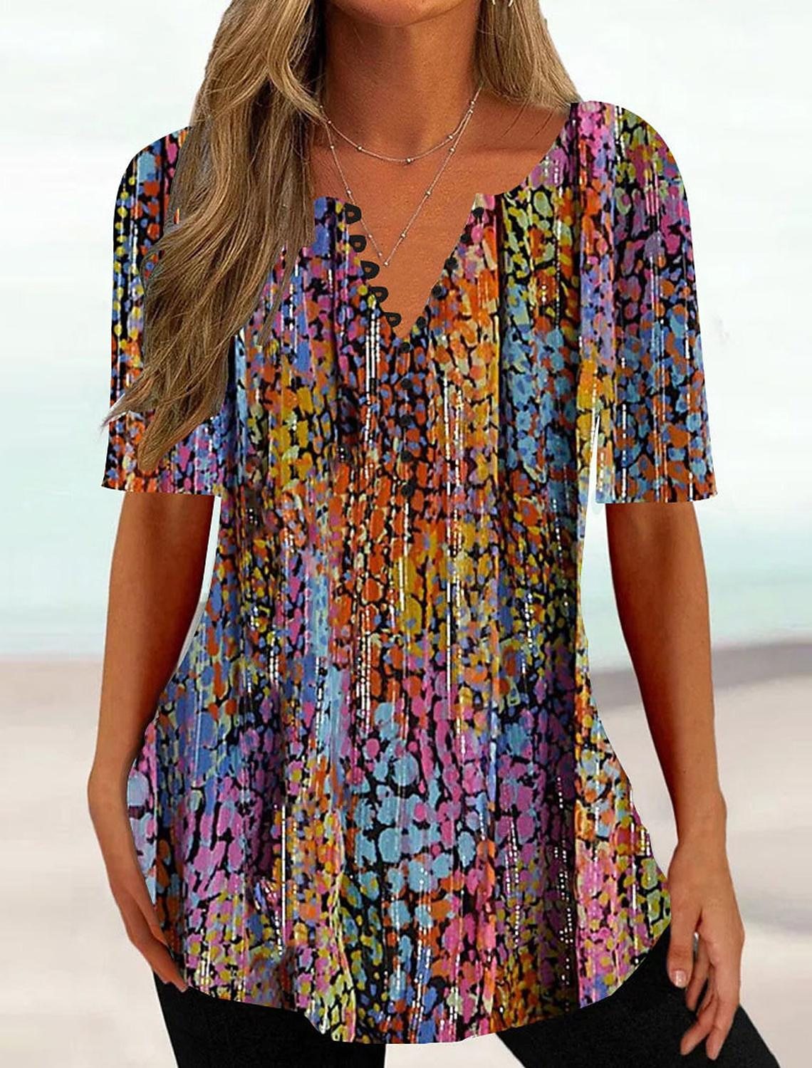 Printed V-neck Button Short Sleeve