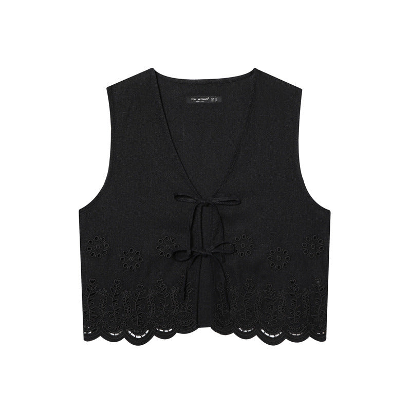 Women's All-matching Hollow Embroidered V-neck Lace-up Sleeveless Waistcoat Vest