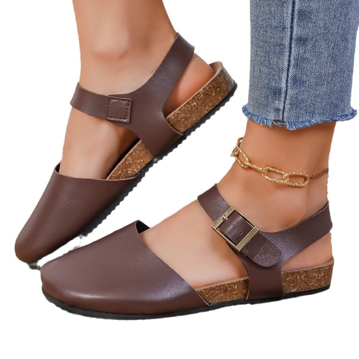 Round Toe Flat Bottom Buckle Sandals Women's Toe Cap Flip-flops