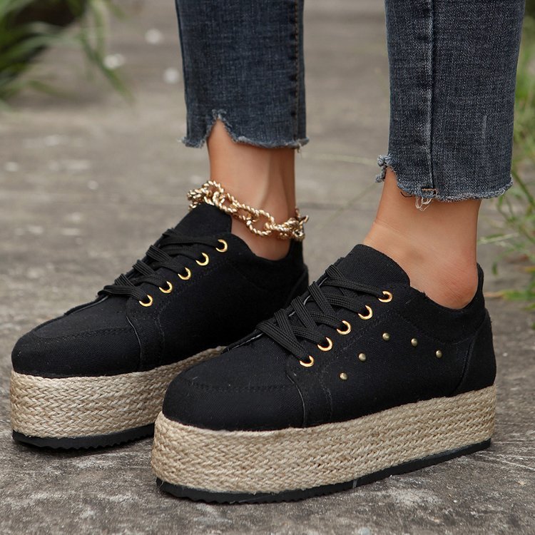 New European And American Cloth Rubber Cloth Lace Loop Round Toe Shoes