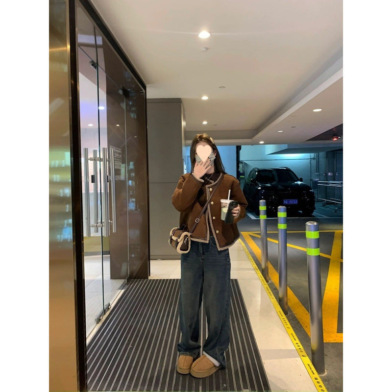 Cashmere Suede Fur Integrated Maillard Long-sleeved Coat For Women