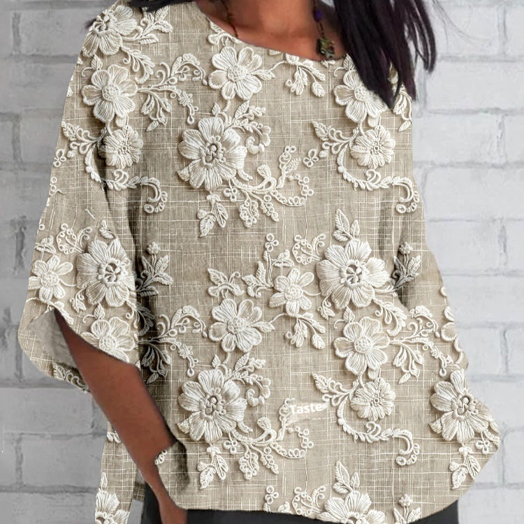 Women's Round-neck Three-quarter-length-sleeved T-shirt Top Printed