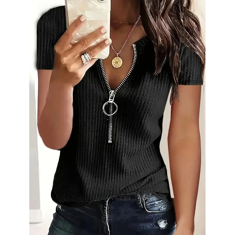 2 Pack Women's Zipper V Neck Short Sleeve Tunic Tops Loose Fit Summer T Shirts Blouse
