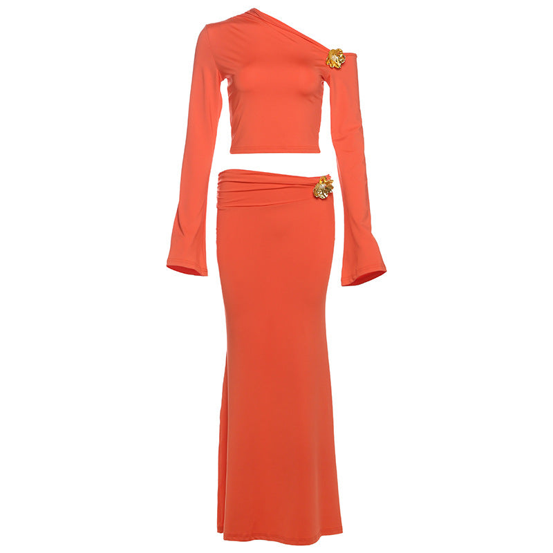 Diagonal Collar Three-dimensional Decoration High Waist Slim Fit Long Dress Suit