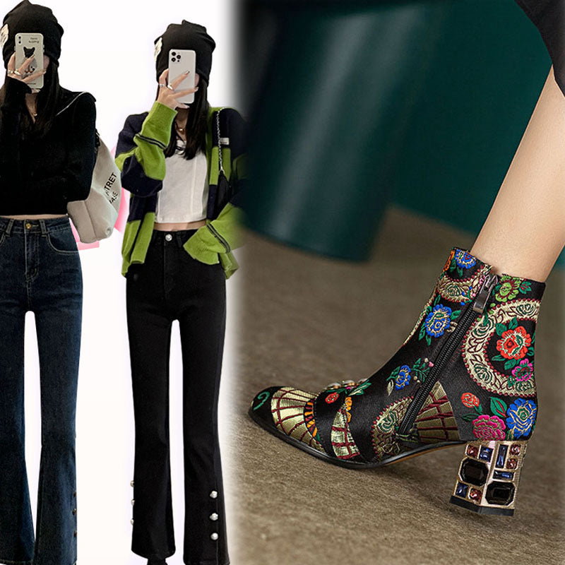 Ethnic Style Round Toe Pearl Buckle Flower Embroidery Chunky Heel Ankle Boots