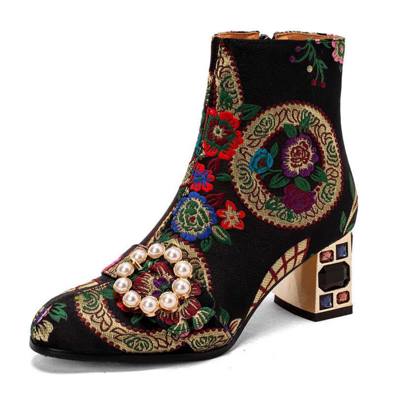 Ethnic Style Round Toe Pearl Buckle Flower Embroidery Chunky Heel Ankle Boots