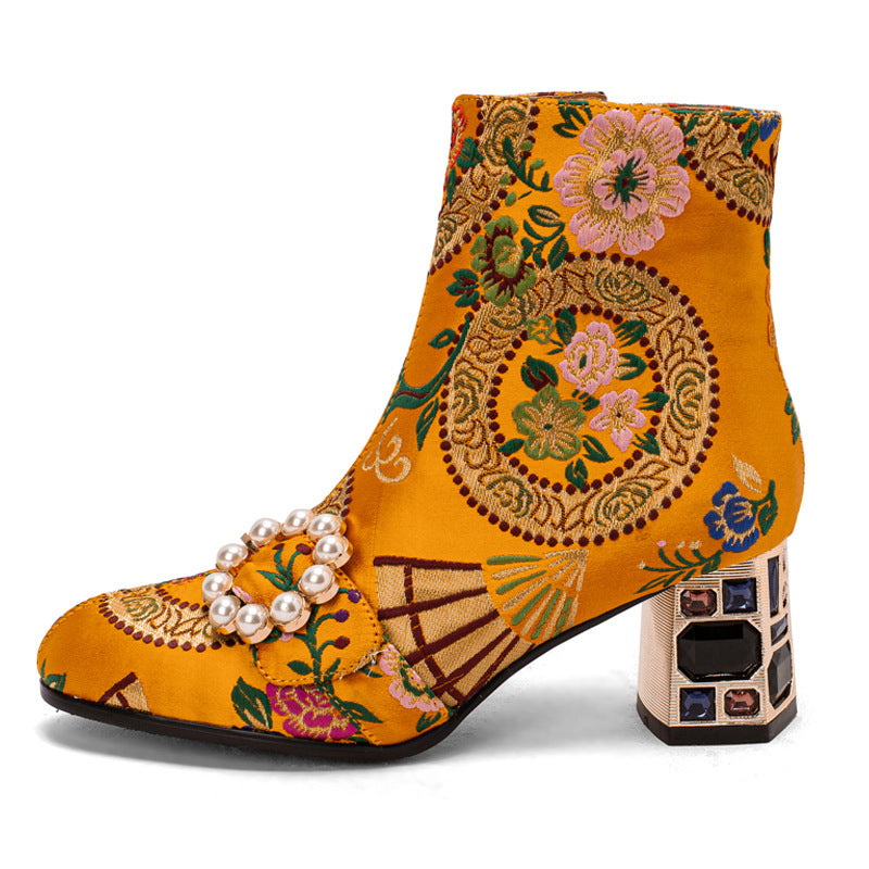 Ethnic Style Round Toe Pearl Buckle Flower Embroidery Chunky Heel Ankle Boots