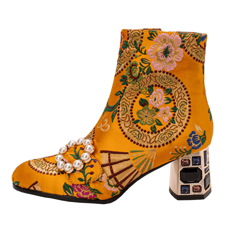 Ethnic Style Round Toe Pearl Buckle Flower Embroidery Chunky Heel Ankle Boots