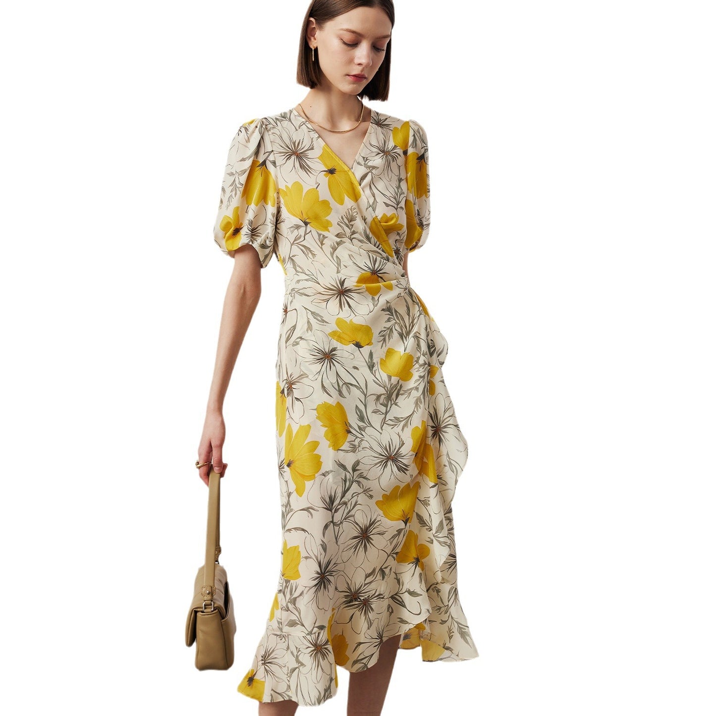Women's Stomach Blanket-style Lace Printing Short-sleeved Silk Dress