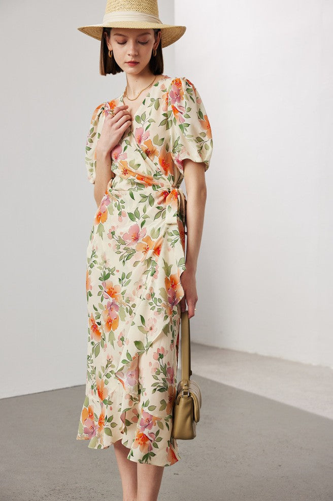 Women's Stomach Blanket-style Lace Printing Short-sleeved Silk Dress