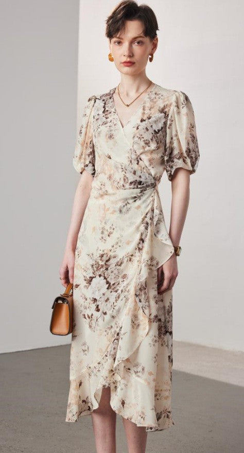 Women's Stomach Blanket-style Lace Printing Short-sleeved Silk Dress