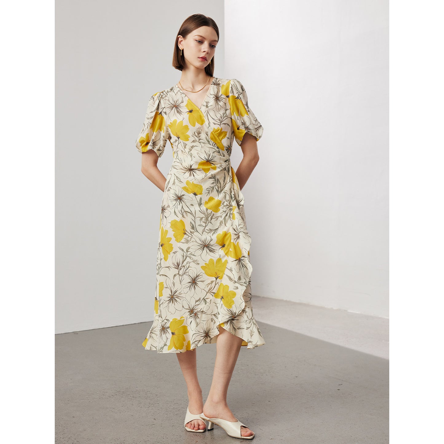 Women's Stomach Blanket-style Lace Printing Short-sleeved Silk Dress