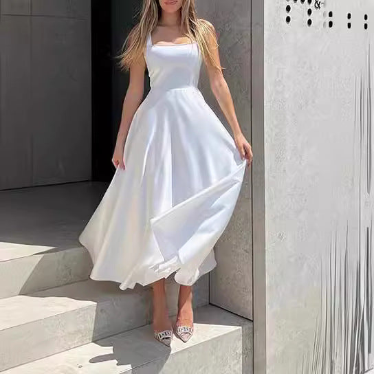 Women's Square Collar Low Collar Sleeveless Long Dress
