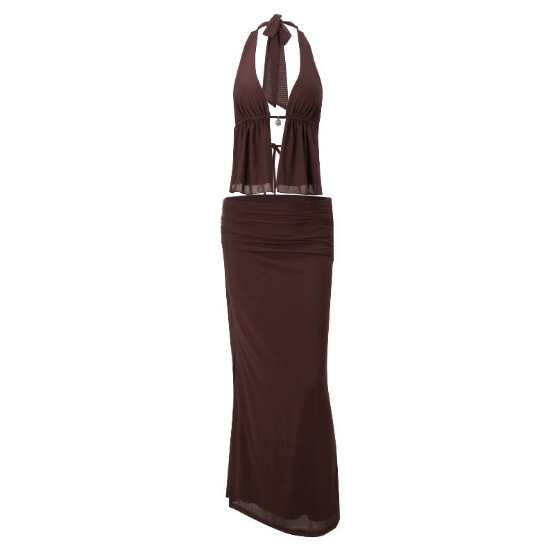 Halter Cut-out Tied Top High Waist Hip Skirt Suit