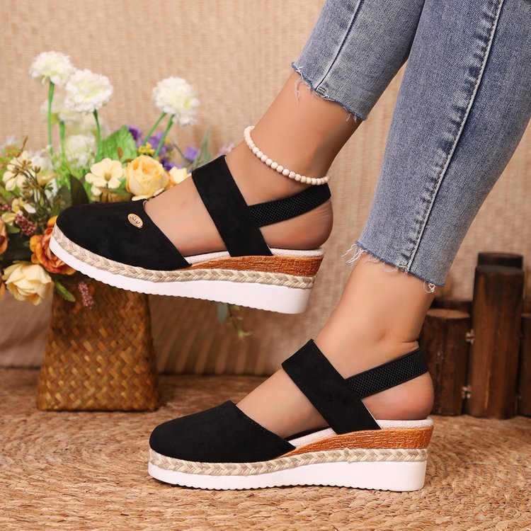 Wedge Lightweight Hemp Rope Braided Closed Toe Elastic Band Women's Shoes