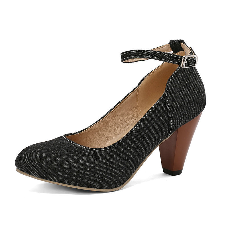 Denim Fabric Women's High Heel Buckle Waterproof Platform