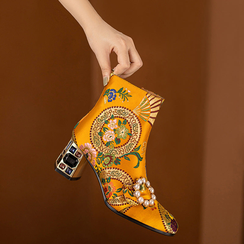 Ethnic Style Round Toe Pearl Buckle Flower Embroidery Chunky Heel Ankle Boots