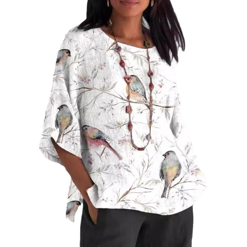 Women's Round-neck Three-quarter-length-sleeved T-shirt Top Printed