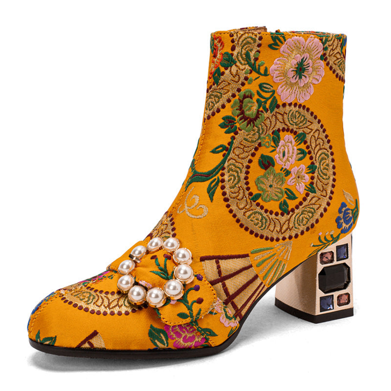 Ethnic Style Round Toe Pearl Buckle Flower Embroidery Chunky Heel Ankle Boots