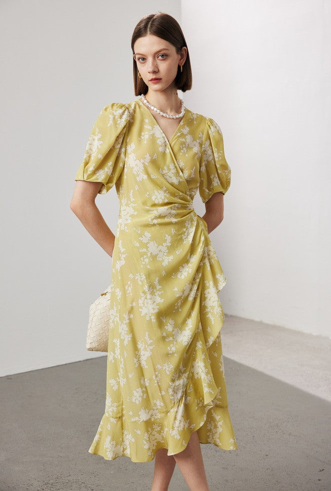 Women's Stomach Blanket-style Lace Printing Short-sleeved Silk Dress