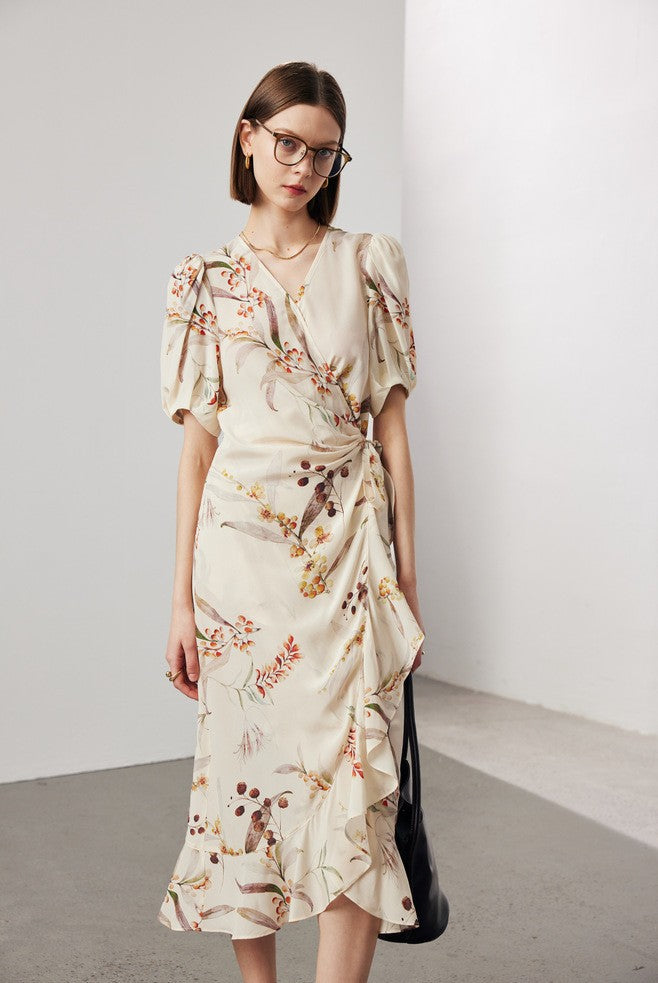 Women's Stomach Blanket-style Lace Printing Short-sleeved Silk Dress