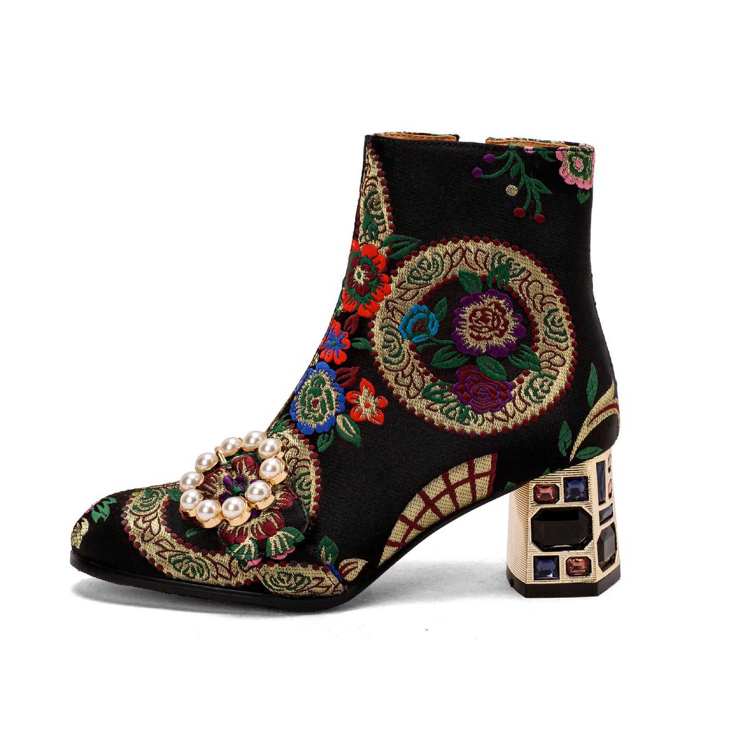 Ethnic Style Round Toe Pearl Buckle Flower Embroidery Chunky Heel Ankle Boots