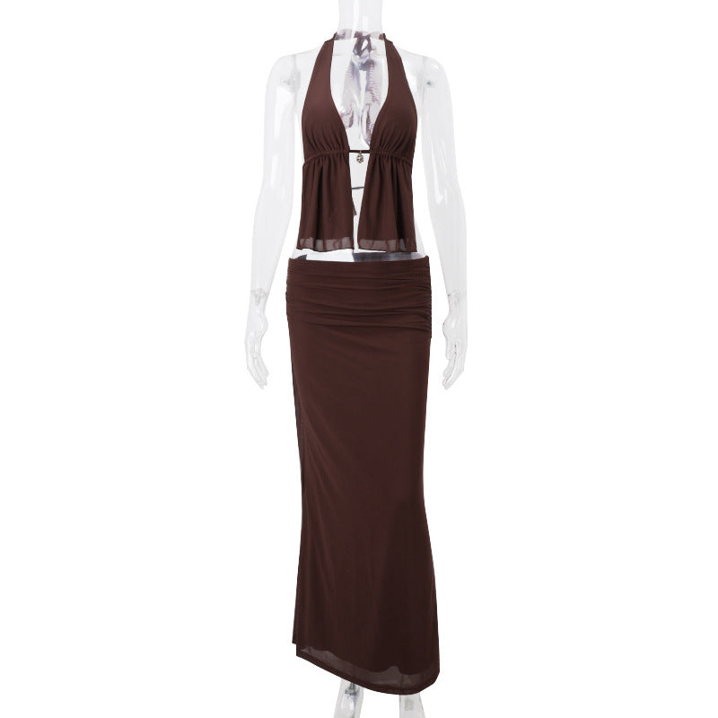Halter Cut-out Tied Top High Waist Hip Skirt Suit