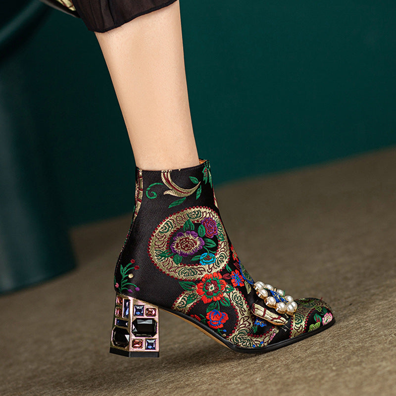 Ethnic Style Round Toe Pearl Buckle Flower Embroidery Chunky Heel Ankle Boots
