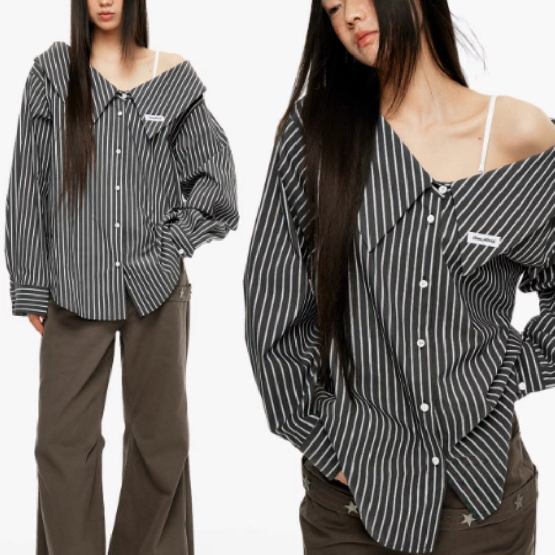 Detachable Splicing Vertical Striped Shirt For Women