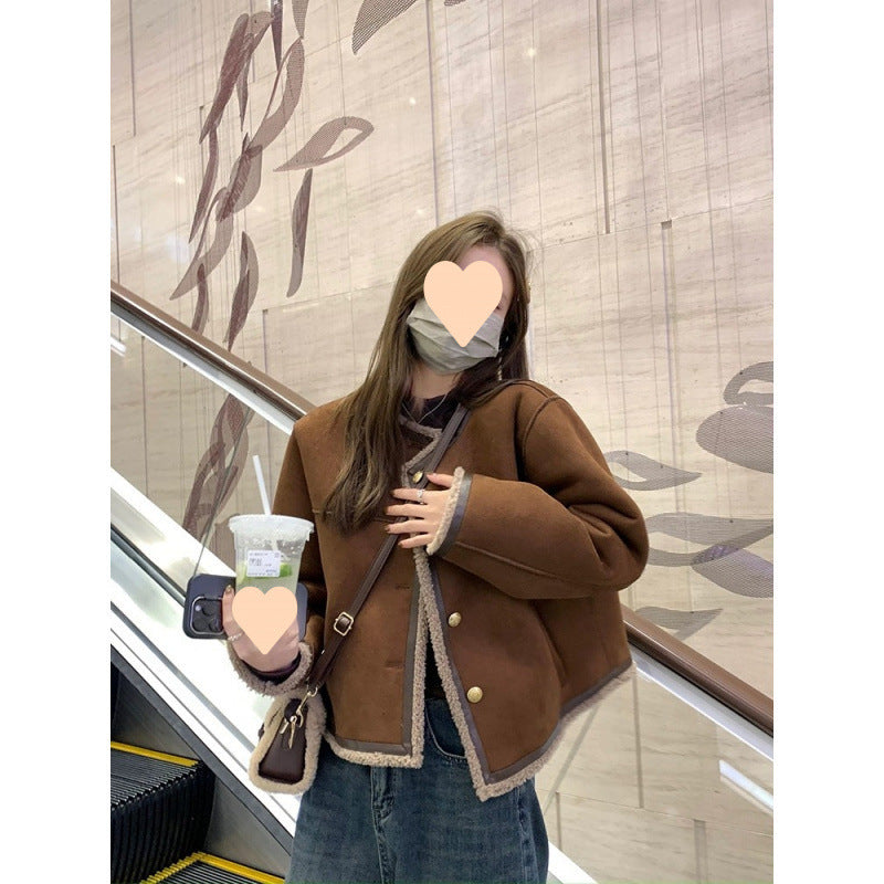 Cashmere Suede Fur Integrated Maillard Long-sleeved Coat For Women