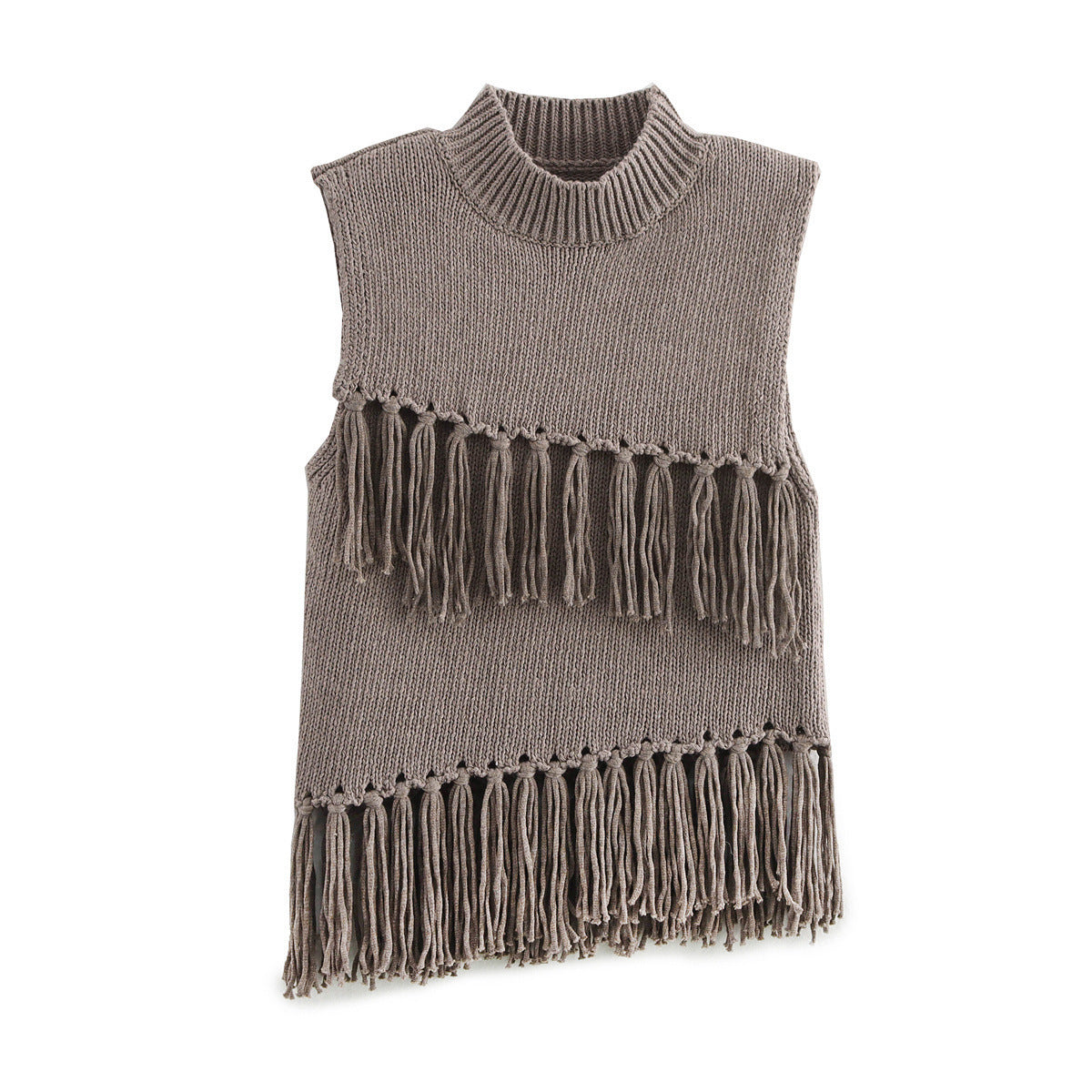 European And American Leisure Stand Collar Sleeveless Short Decorated Tassel Knitted Top