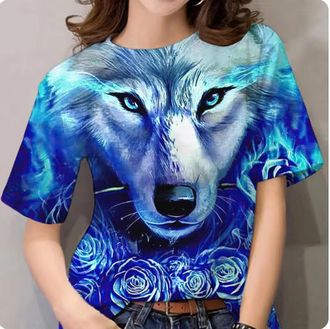 Women's T-shirt 3d Animal Print Short Sleeve Wolf Top